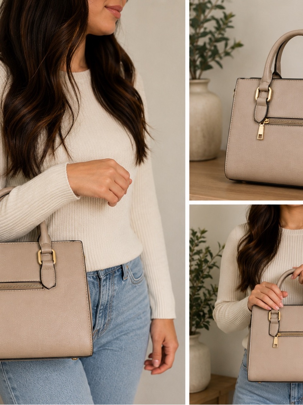 Taupe Structured Tote Bag with Gold Hardware - Women